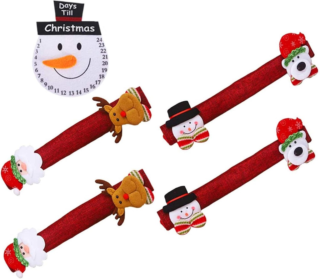 4PCS Christmas Refrigerator Door Handle Covers Set and 1PCS Snowman Fridge Decal, Oven Microwave Dishwasher Door Handle Protector for Christmas Kitchen Decoration