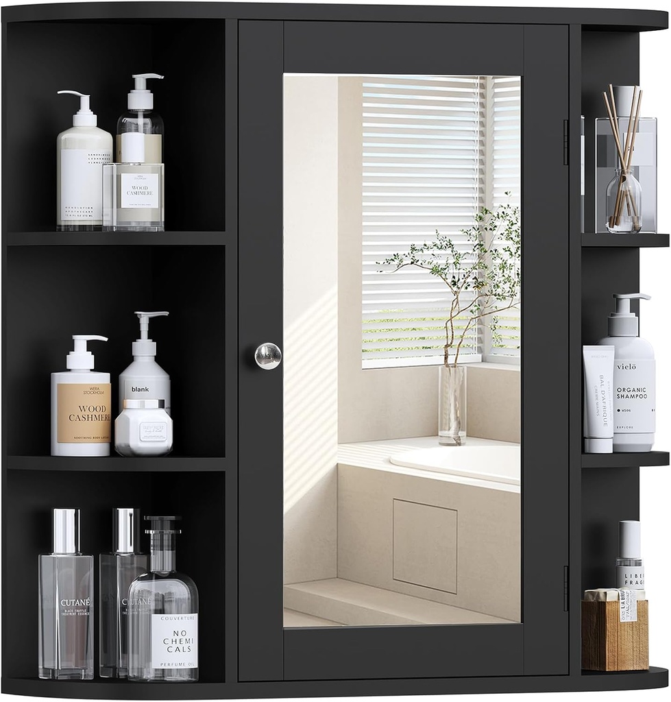 TEENFON Medicine Cabinet Mirror with Door & Adjustable Shelves, Bathroom Medicine Cabinet with Mirror, Medicine Cabinets for Bathroom, Black