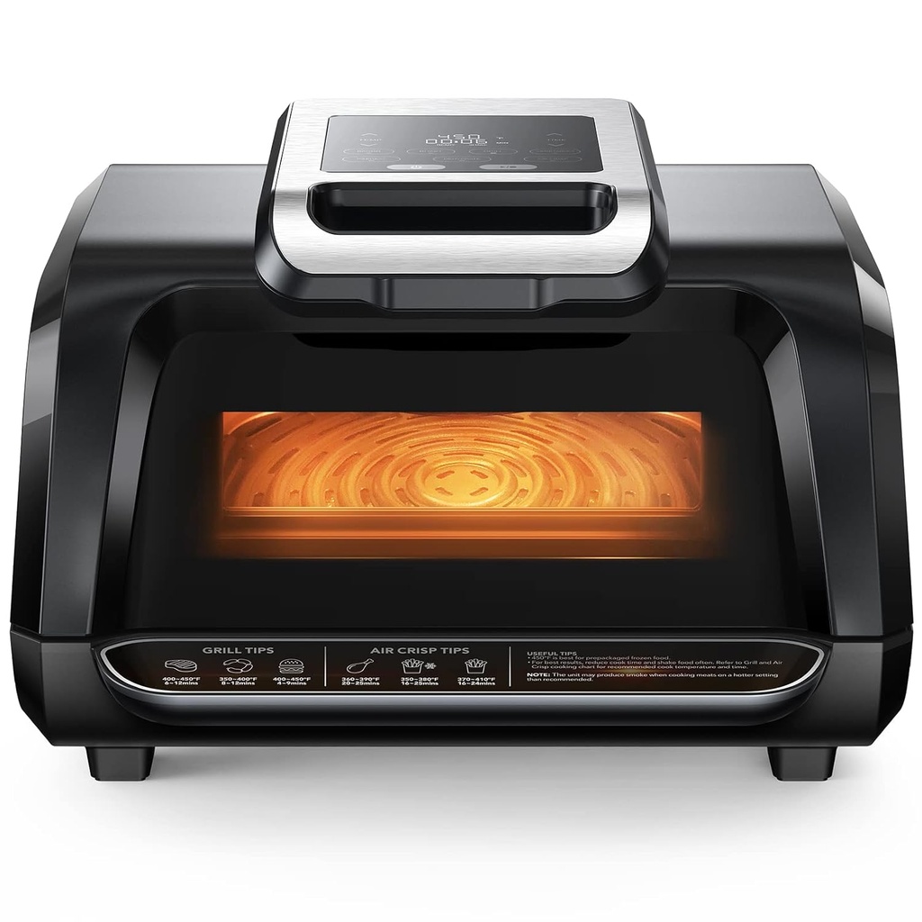 7-In-1 Air Fryer Indoor Smokeless Grill - 1750W Electric Air Grill Combo with Bake, Roast, Broil, Dehydrate – Includes Smart Thermometer and Viewing Window, 4QT Capacity