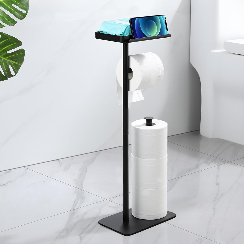 Toilet Paper Holder Stand with Phone Shelf, Rustproof Free Standing Toilet Paper Stand for 4 Rolls, Toilet Roll Dispenser Storages for Phones, Wipe, Wallet and Small Items, Black