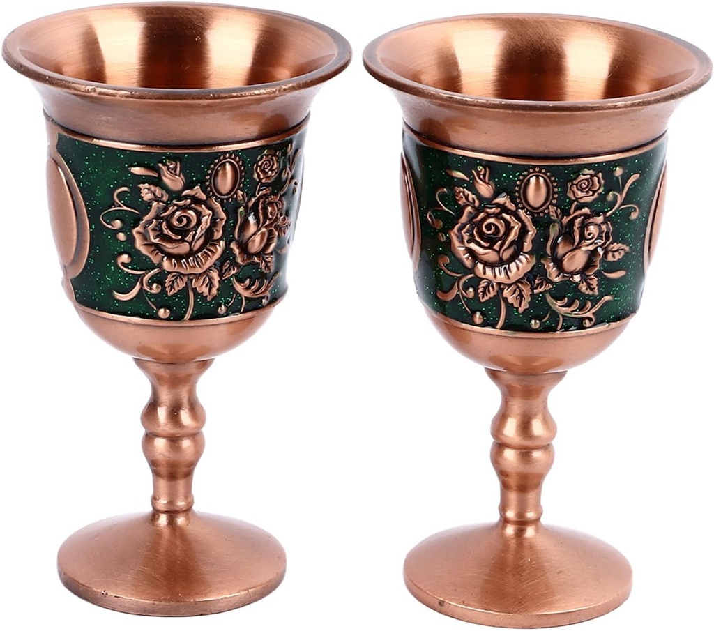 Metal Cup Drinking Vessel, Vintage Chalice Goblet, Goblet Cup, Vintage Metal Wine Glass Embossed Decorative Retro Metal Goblets for Home 2pcs (Rose Gold (Green Background))