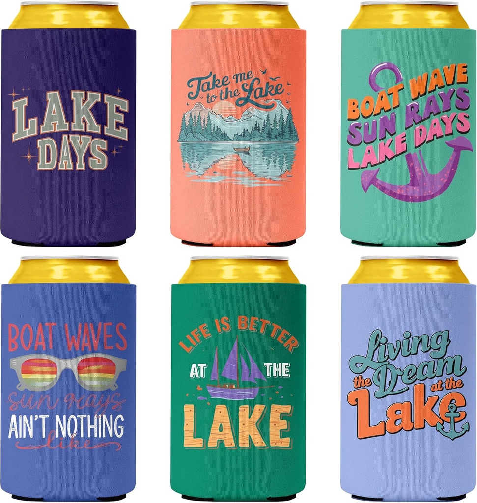 Lake Can Cooler Sleeves, Lake Vacation Essentials 6 Pack Beer Cozy Bulk, Funny Boat Can Sleeves Gifts for Lake House Lover, Boat Lovers