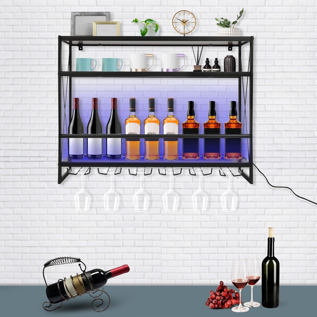 3-Tiers Bar Shelves 31.5in LED Wall Mounted Wine Rack Industrial Metal Hanging Wine Rack for Homes, Offices, Cafes, Bars, Clubs, KTV, Restaurants, Wine Cellars (Black)