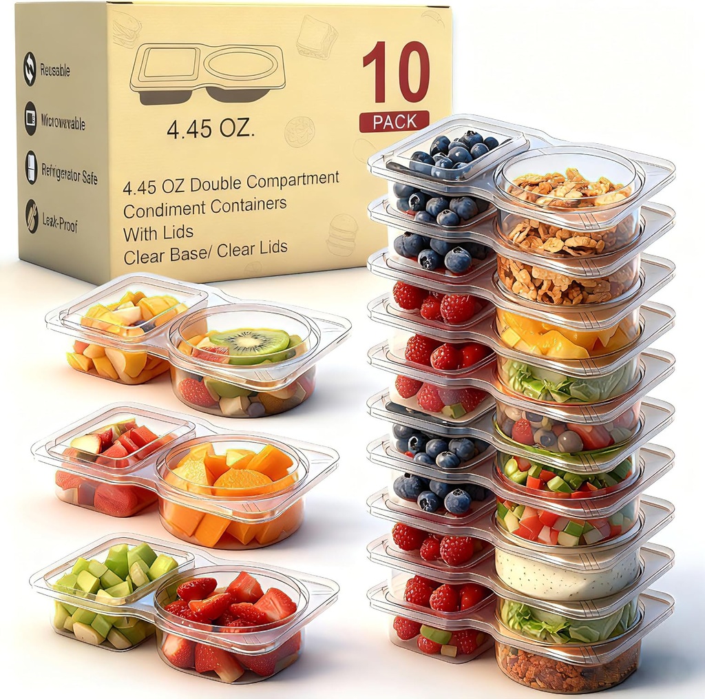 Reusable Snack Containers & Snack Pack Containers – 2 Compartment Meal Prep Containers with Lids, Double Condiment Containers, Portable Snackle Box (10 Set)