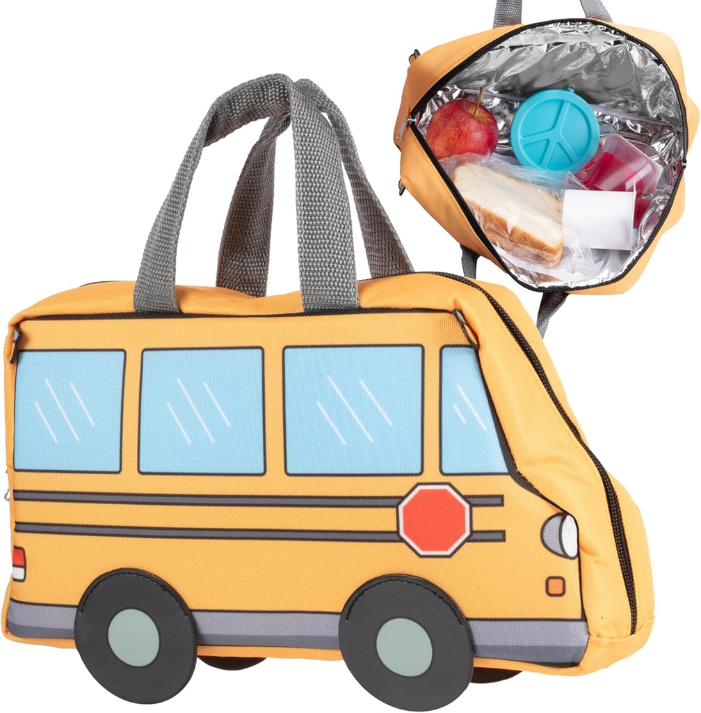 Kid's Insulated School Bus-Shaped Lunch Box w Strap- Keeps Food Hot or Cold For Hours- Reusable Bag Fits Ice Packs, Bento Containers, Thermoses Easily- Make Back to School Lunches Fun for Boys & Girls