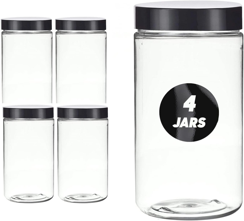 Plastic Jars 32 Ounce Cylindrical Shape (4 Pack) Clear PET Plastic With Black Smooth Lids
