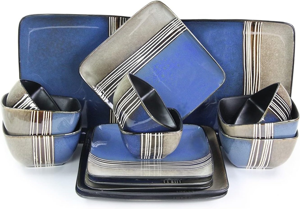 Elama Uptown Loft 16 Piece Stoneware Double Bowl Dinnerware Set Blue/Gray ELM-UPTOWN16 (93597913M)