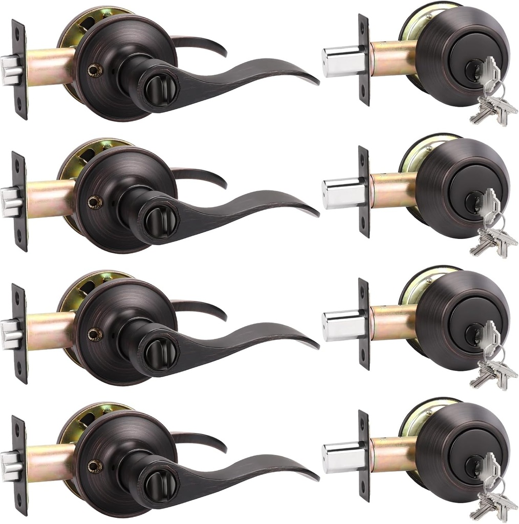 KNOBWELL 4 Pack Deadbolt Lock and Door Knob Set, Oil Rubbed Bronze Wave Style Double Sided Keyed Deadbolt Door Handleset(Same Key)