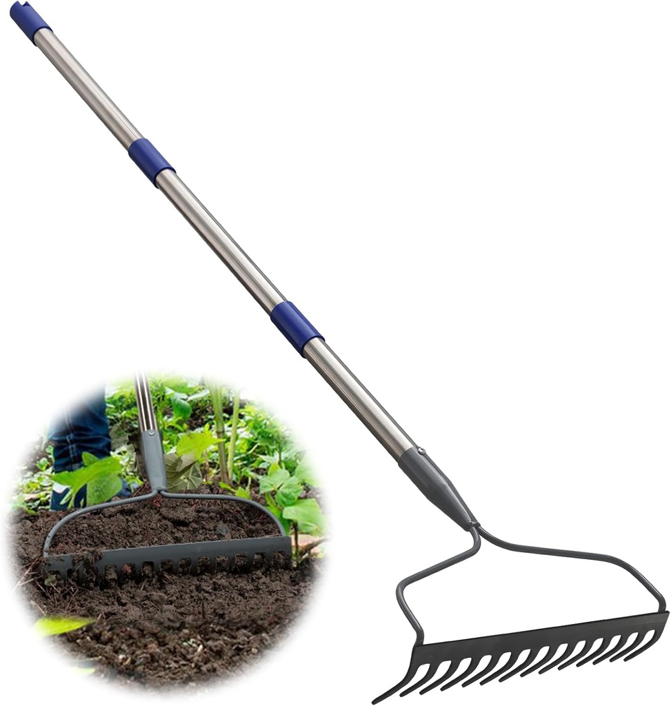 Rake, 60 Inch Garden Bow Rake with 14 Tines, Heavy Duty Stainless Steel Raking Tool for Gardening Landscaping Loosening Soil Leveling Mulching Gravel Gathering Leaf Thatch Lawn Care