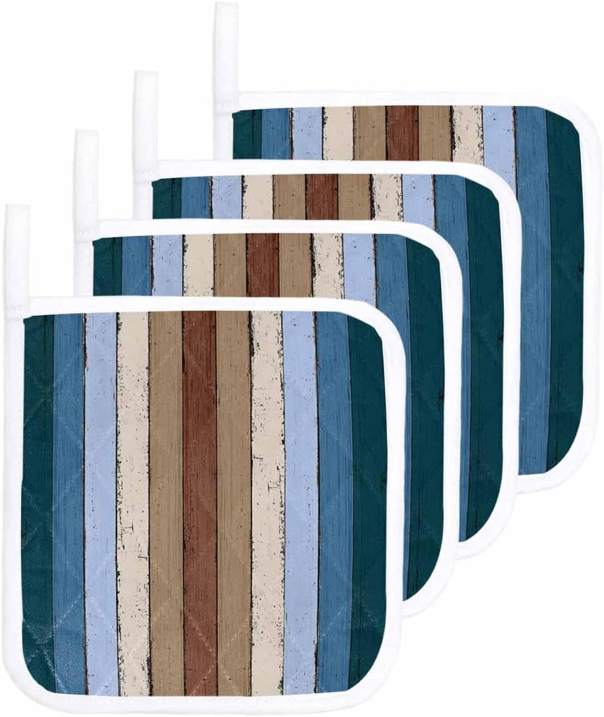 4 Packs Blue Brown Pot Holders Sets for Kitchen,Oven Pan Plate Bowl Pads Heat Proof Mat with Hanging Loop,Farmhouse Wood Grain Vintage Vertical Striped Cloth Potholders Non Slip for Cooking Baking