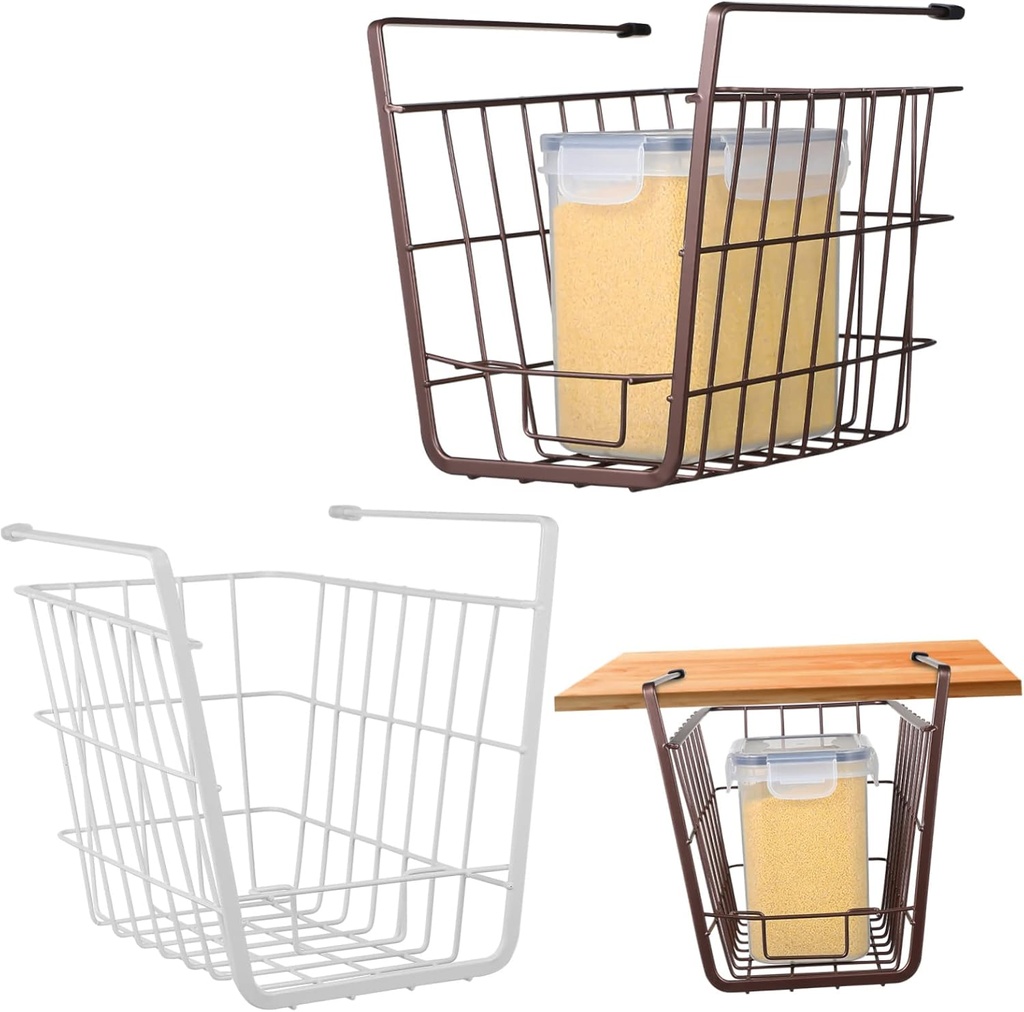 2 Pcs Under Shelf Storage Baskets Hanging Iron Wire Organizers for Kitchen Bathroom Pantry Cabinet Space Saving Wire Basket Rack for Home Storage and Office Use
