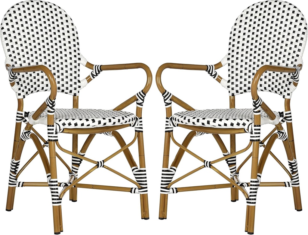 SAFAVIEH Outdoor Collection Hooper Black/White/Light Brown Stacking Bistro Arm Chair (Set of 2)