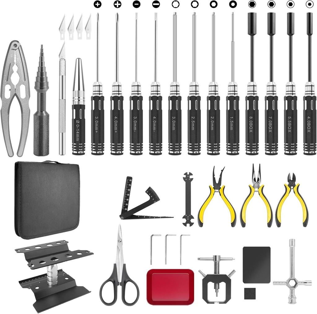 RC Station RC Tool Kit 26in1 RC Car Tool Kit Multi RC Tools Screwdriver Pliers Set Flat, Phillips, Hex, RC Car Tool Set Box for RC Car Drone 1/8 1/10 Traxxas Axial Arrma Redcat Losi RC Repair Tool Box
