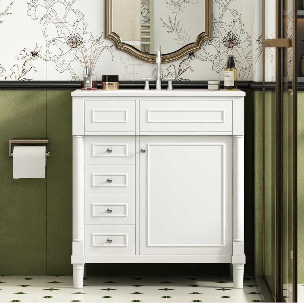 30 Inch Bathroom Vanity with Ceramic Sink, Modern Sink Cabinet with 2 Drawers, Single Door and Adjustable Shelf, Solid Wood Frame Vanity for Small Bathroom or Powder Room