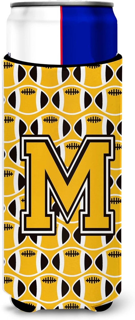 Letter M Football Black, Old Gold and White Ultra Beverage Insulators for slim cans