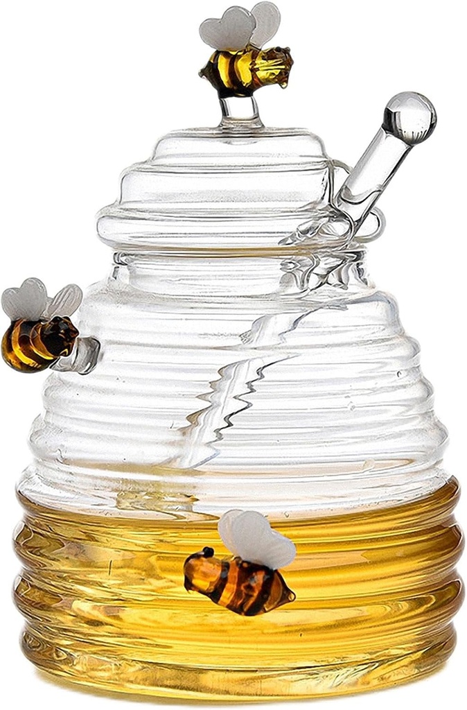 Honey Jar with Dipper and Lid, 400ml Bee H-oney Pot, Glass Honey Dispenser Jar, Glass Beehive H-oney Pot for Honey Syrup Jams, Clear H-oney Pot Container for Home Kitchen Farmhouse