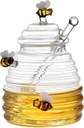 Honey Jar with Dipper and Lid, 400ml Bee H-oney Pot, Glass Honey Dispenser Jar, Glass Beehive H-oney Pot for Honey Syrup Jams, Clear H-oney Pot Container for Home Kitchen Farmhouse