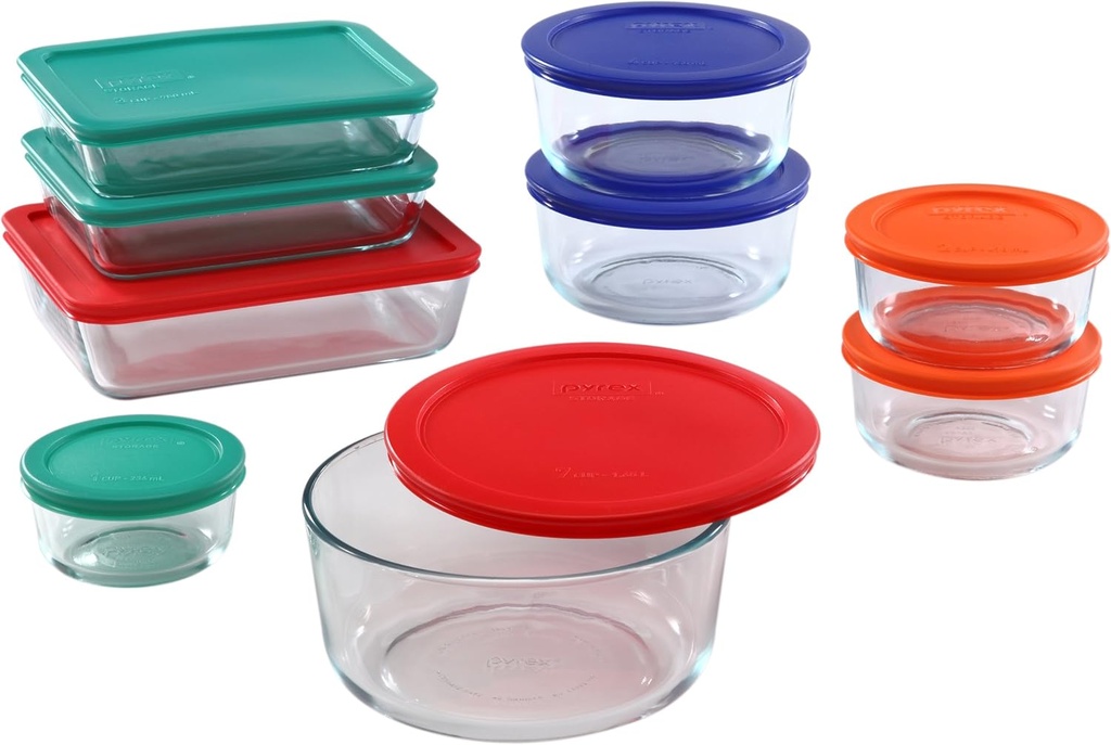Pyrex Pyrex 1110608 781147970080 18piece glass food storage set with multicolor lids clear, 1.9 Pound