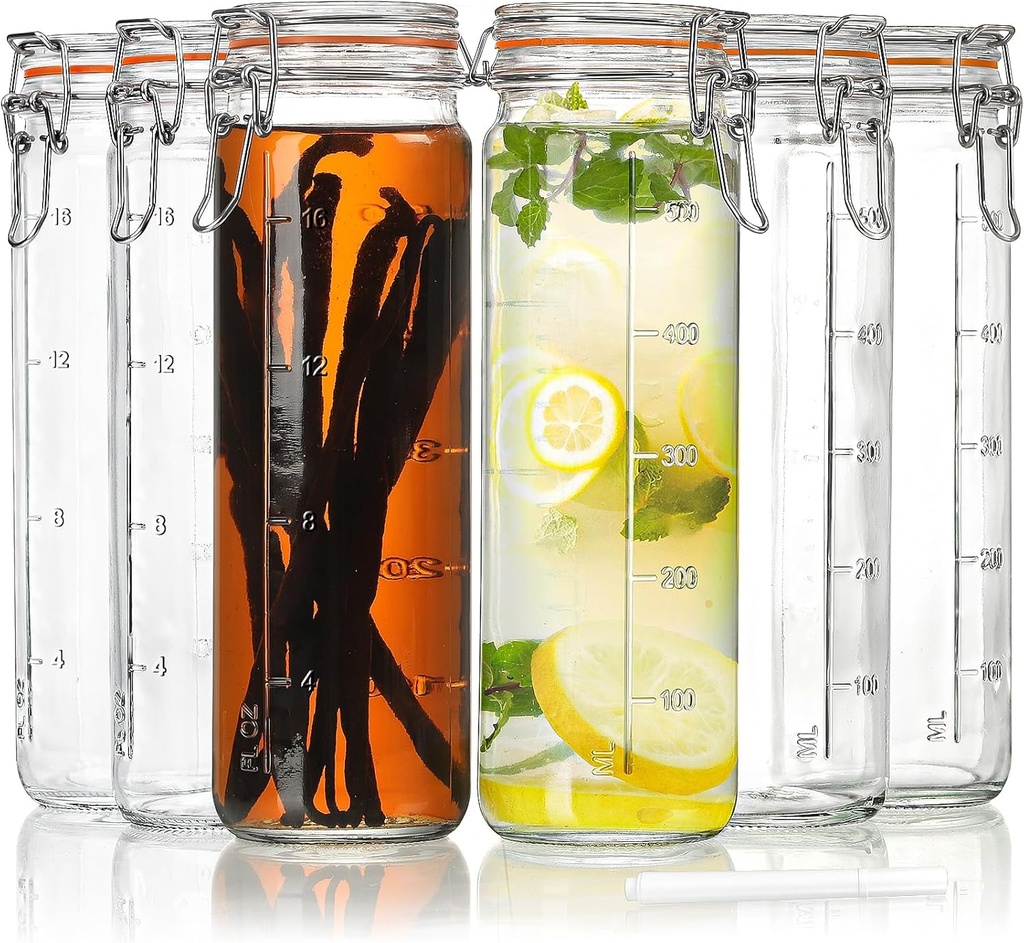 [Upgraded] 20 oz Glass Jars with Airtight Lids for Vanilla Extract, 6 Pack Glass Juice Bottles with 2 Measurement Marks, Glass Food Storage Canister Set For Beans, Spice, Tea, Drink, Milk. 600ML