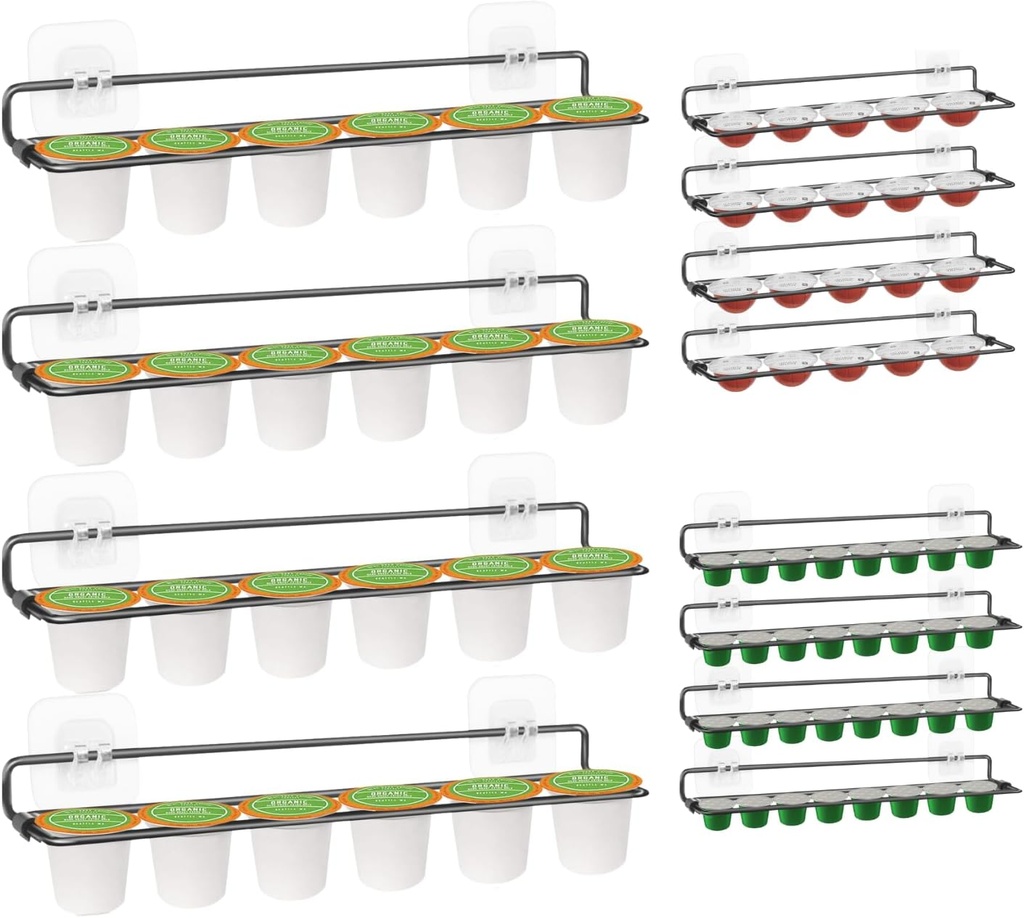 Coffee Pod Holder, Wall Mount Coffee Holder compatible with K cup Coffee Pods, Adjustable for Most Brand, Pod Storage Organizer with Adhesive Stickers Under Cabinets, Corner or Fridge-Black 4 Pack