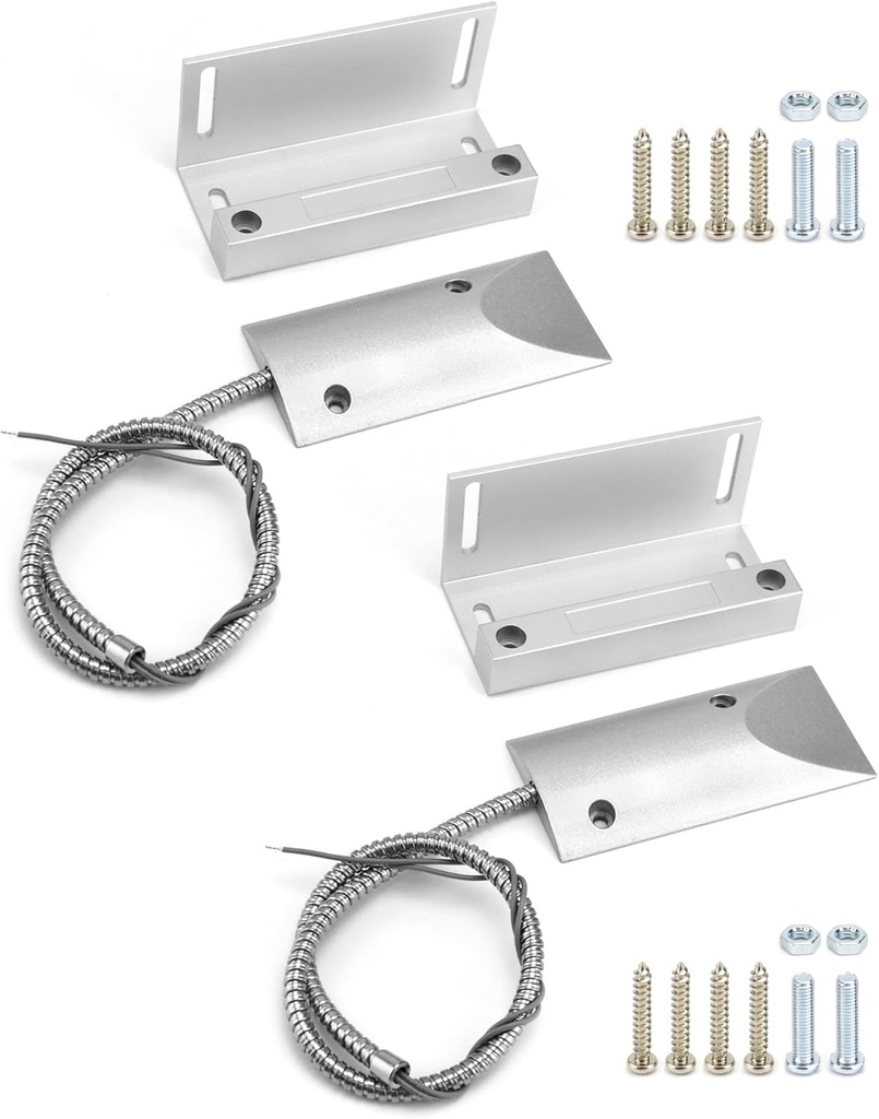 QWORK Wired Alarm Magnetic Garage Door Contact Switch Sensor, 2 Sets Home Security Wired Contact Magnetic Reed Switch Alarm with Adjustable Bracket