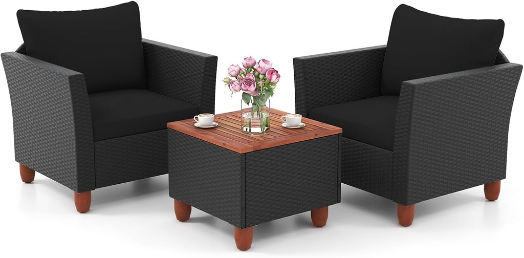 ORALNER 3 Pieces Patio Furniture Set, Outdoor Wicker Conversation Chairs with Cushion, Acacia Coffee Table, Rattan Bistro Set for Balcony Garden Backyard Front Porch Poolside (Black)