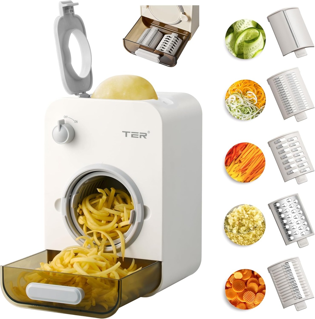 TER Electric Cheese Grater with 5 Blades – 5-in-1 Gourmet Vegetable Shredder for Carrot, Potato & More, 110mm Large Caliber, Built-in Blade Storage Box, Fast & Efficient Grating