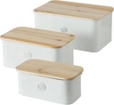 WHW Whole House Worlds 3 Piece White Cookie Tin Set, Natural Wood Lids, Zinc, Silver Medallion Embellishment, Rectangles, 13.75, 11.75 and 9.75 Inches