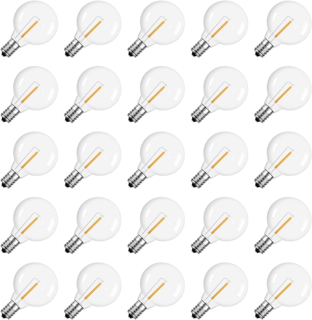 Meconard G40 1.57 Inch Led Replacement Light Bulbs, E12 Screw Base Shatterproof LED Small Globe Light Bulbs for Outdoor String Lights, 1Watt Equvalent to 5 Watt Incandescent Bulbs, Warm White, 25Pack