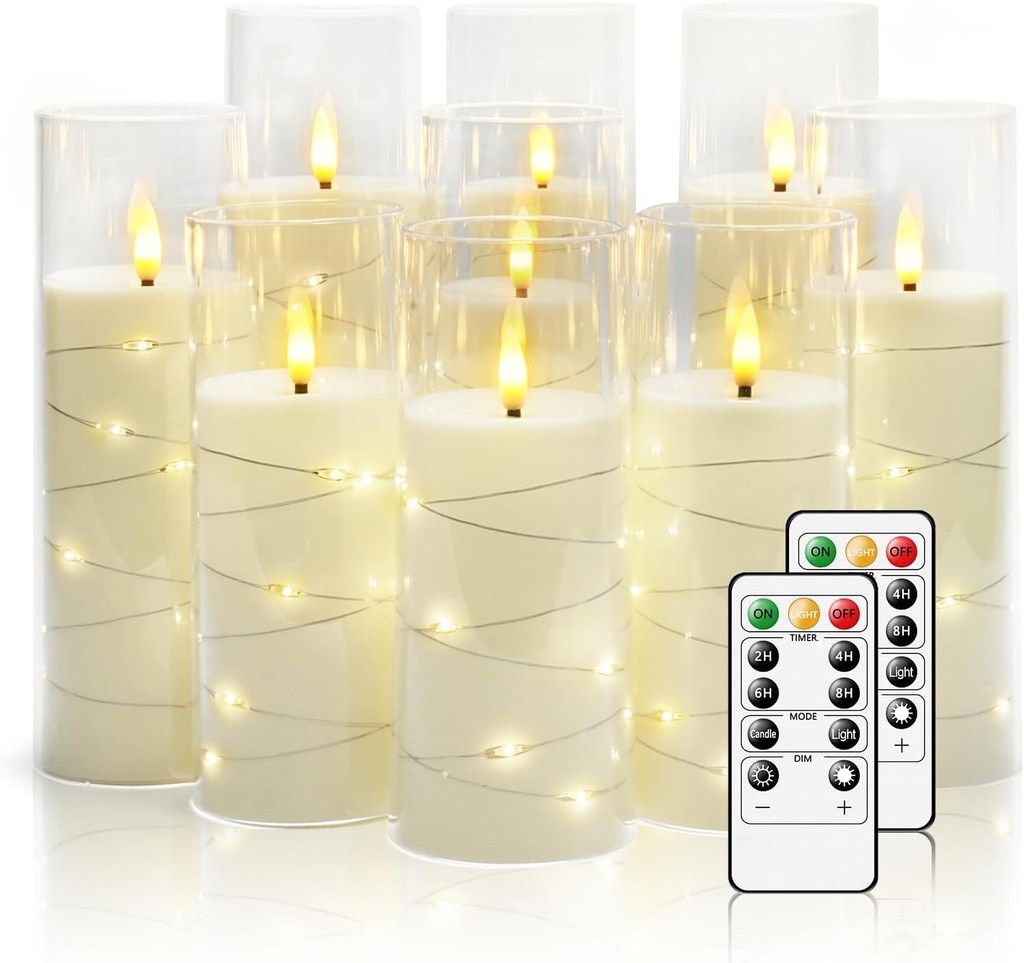 Flickering Flameless LED Candles, 9 Pcs with Embedded Star String, Acrylic LED Pillar Candles with Remote, Suitable for Home Decoration (White)