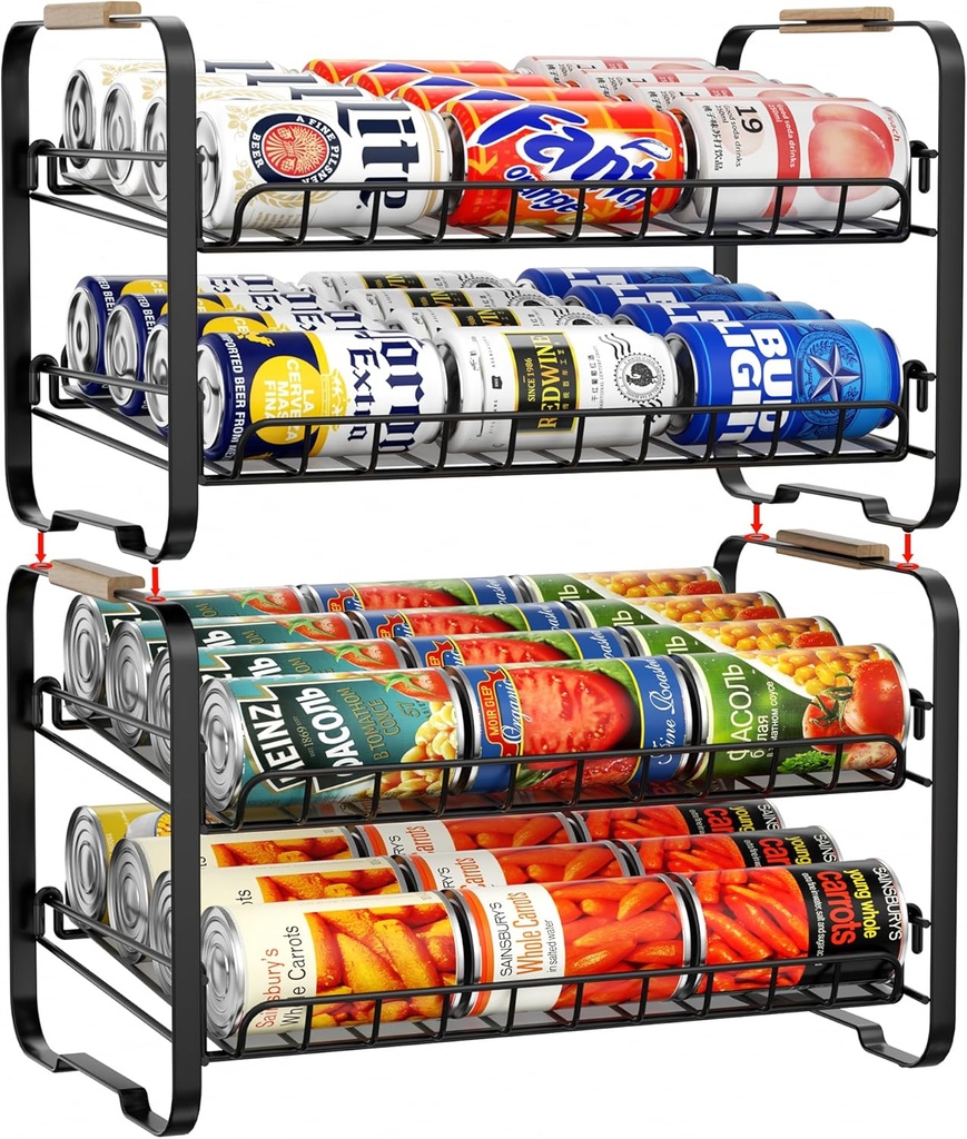 MAXIFFE 2-Tier Can Organizer for Pantry, 16.9"W × 11.5"D × 16.7"H, Stackable Metal Adjustable Hold 40 Cans Rack Storage Holder Dispenser for Soda Drinks Fruits, for Kitchen Countertop, 2 Pack Black