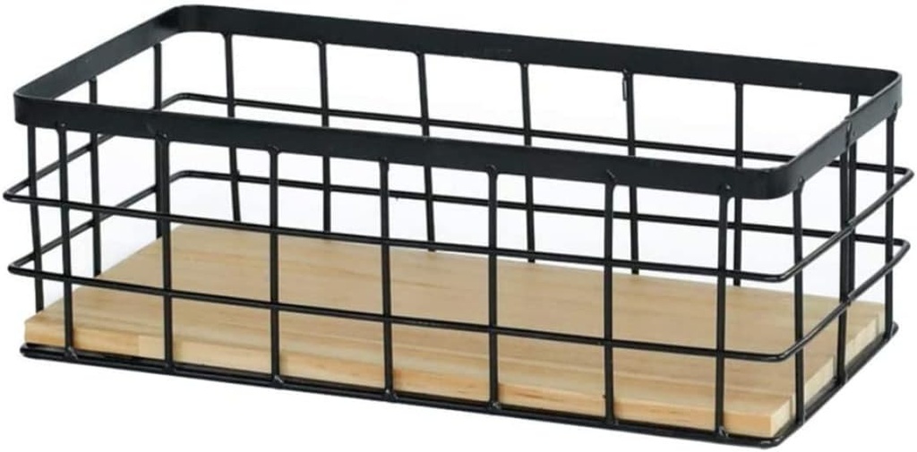 Wire Storage Baskets with Wood Base Rectangular Desktop Wall Hanging Metal Basket Color Minimalist Heavy Duty Baskets for Kitchen Bathroom Home Kitchen Tools