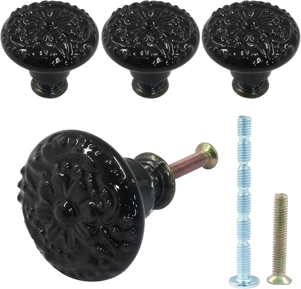 Piutouyar Black Ceramic Knobs and Pulls for Drawer, Dressers, Cupboard, Closet - 34mm / 1.3Inch Diameter (4Pcs)