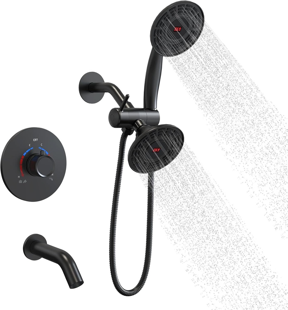 Shower Faucet Set with Valve: EVERSTEIN Shower System with Digital Display 2 in 1 Handheld and Rain Shower Head System 5 Inch Wall Mounted, Single-Handle Tub and Shower Trim Kit Matte Black