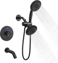 Shower Faucet Set with Valve: EVERSTEIN Shower System with Digital Display 2 in 1 Handheld and Rain Shower Head System 5 Inch Wall Mounted, Single-Handle Tub and Shower Trim Kit Matte Black