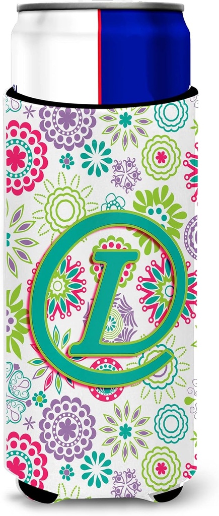 Letter L Flowers Pink Teal Green Initial Ultra Beverage Insulators for slim cans