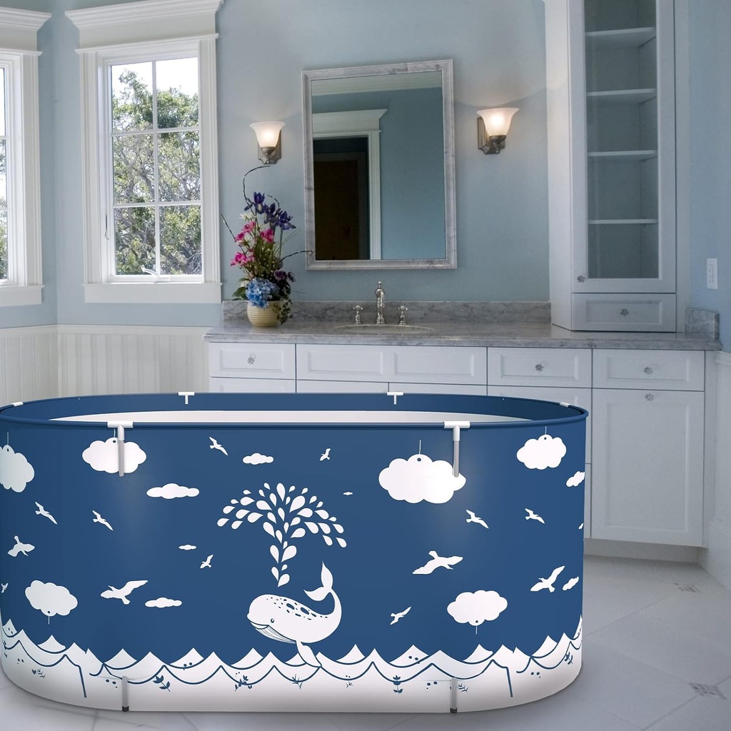 Foldable Bathtub, Large Soaking Bath Tub Portable for Adults, Freestanding with Thickened Thermal Foam for Home Bathroom Spa (XL Blue Whale)