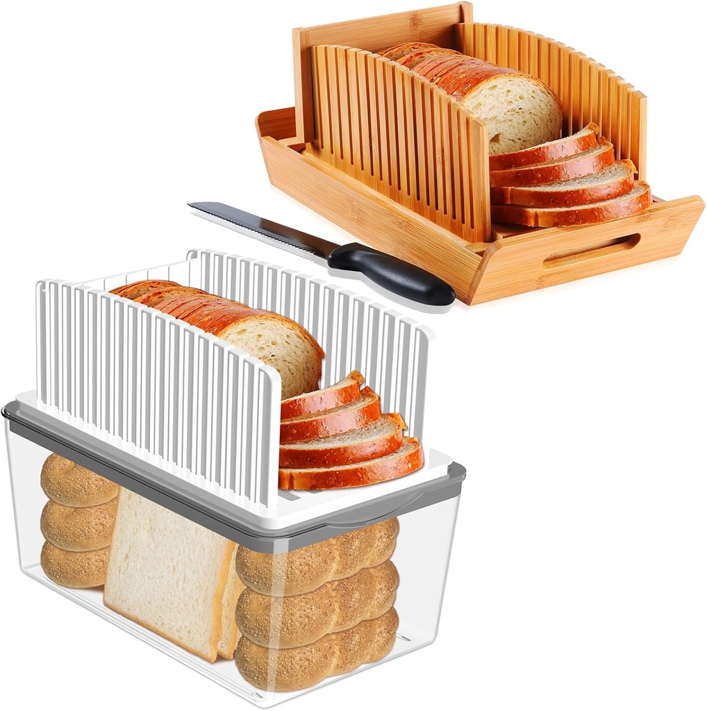 Bread Slicer with Bread Box and Bamboo Bread Slicer with Knife, Bread Slicing Guide Adjustable Width, Foldable and Compact Cutting Guide with Crumb Tray, Suitability for Homemade Bread, Bagels, Cakes.