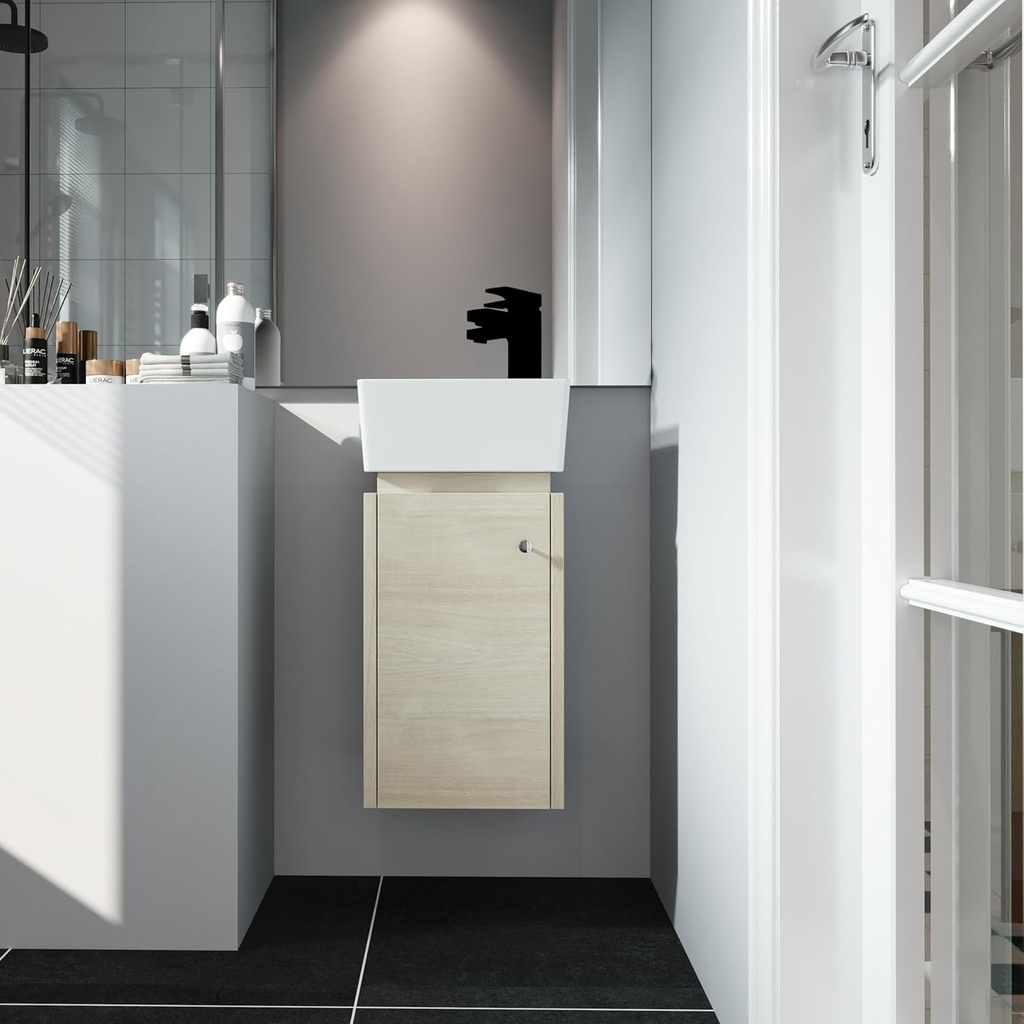 12 inch Bathroom Vanity with Sink, Floating Bathroom Vanity, Single Ceramic Sink Bathroom Vanity Combo, Wall Mounted Bathroom Vanity with Soft Close Doors for Small Bathroom (045-PLO, 12x12)