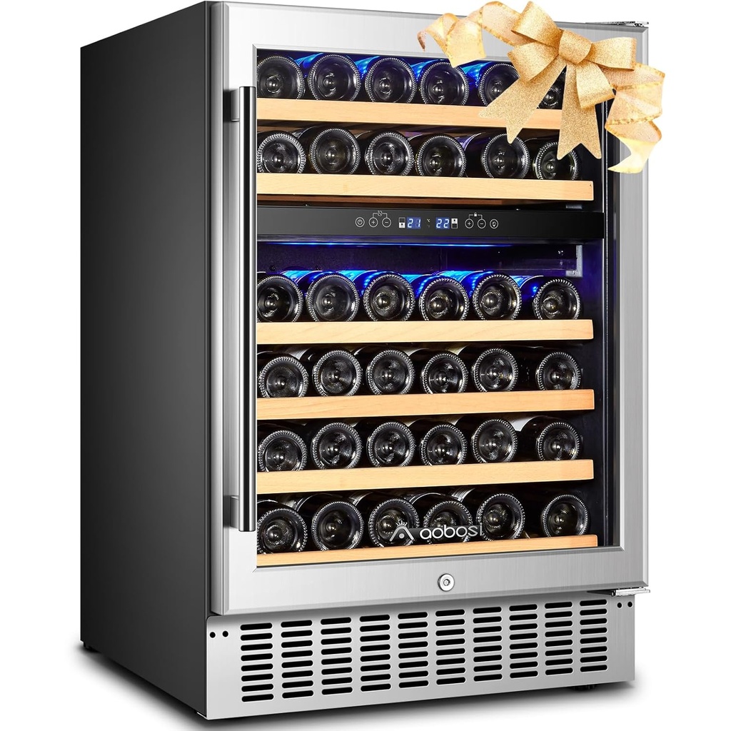AAOBOSI 46 Bottles Wine Fridge, 24 Inch Wine Cooler with Dual Zone, Freestanding and Built-in Wine Refrigerator with Blue LED Light and Adjustable Shelves, Double-Layer Glass Door, Safety Lock