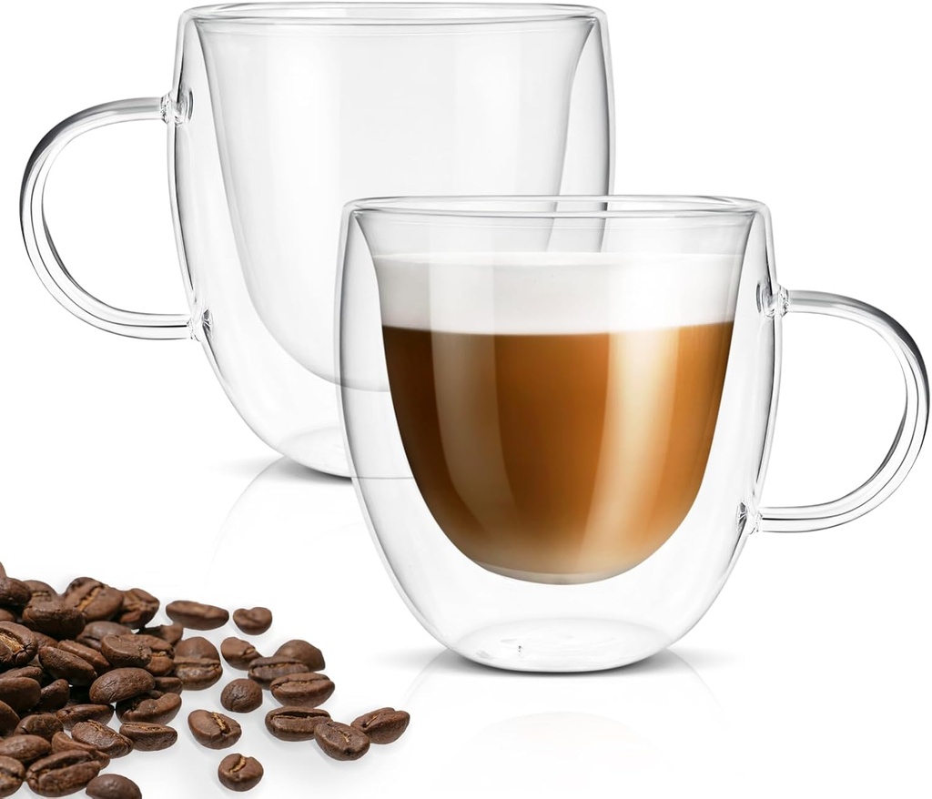 Glass Espresso Cups, 5oz Double Wall Insulated Coffee Shot Glasses Milk Cups With Handle Suitable for Espresso Machine,Cappuccino,Latte,Tea (Set of 2)