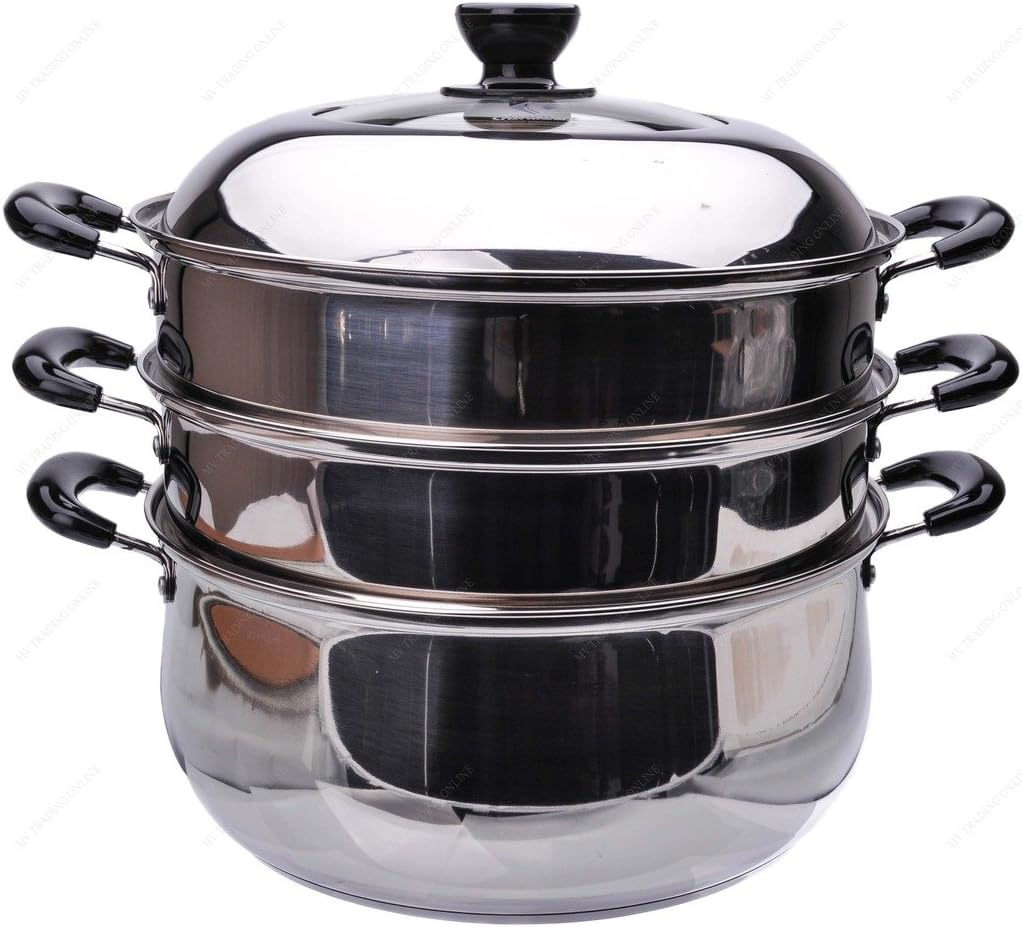 M.V. Trading S7330A Stainless Steel 3-Tier Steamer, Clad Base and Induction Ready With Lid High Dome Cover, 30cm, (12-Inches)