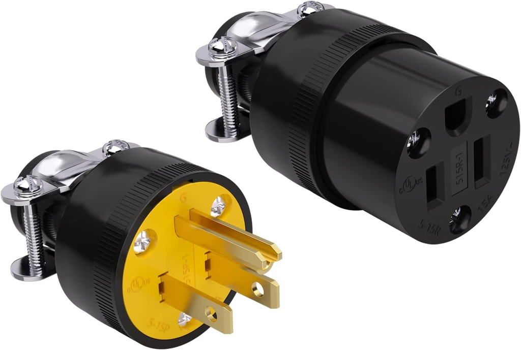 STARELO Electrical Replacement Plug & Connector Set Extension Cord Ends Black Shell 125V 15A 2Pole 3Wire NEMA 5-15P & 5-15R Industrial Grade 3-Prong Straight Blade Grounding Type(1)