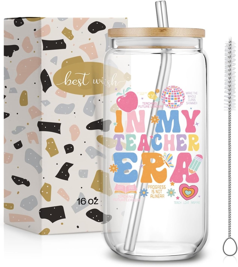 In My Teach Era,Ice Coffee Glass Cup Gifts for Women Teacher,16oz Cute Drinking Cup with Lids Straws Teacher Gifts for Christmas Thanksgiving-nbc-28