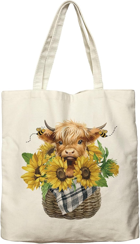 Dlzdn Sunflower Highland Cow Canvas Tote Bag For Women Aesthetic Shopping Grocery Beach Teacher Reusable Grocery Bag, Off-white, 14 x 16 inches