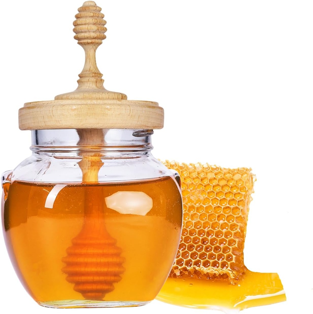 Glass Honey Dispenser Pot 16oz, Honey Jars with Wooden Dipper and Lid, Clear Honey Jar Container for Kitchen and Tea