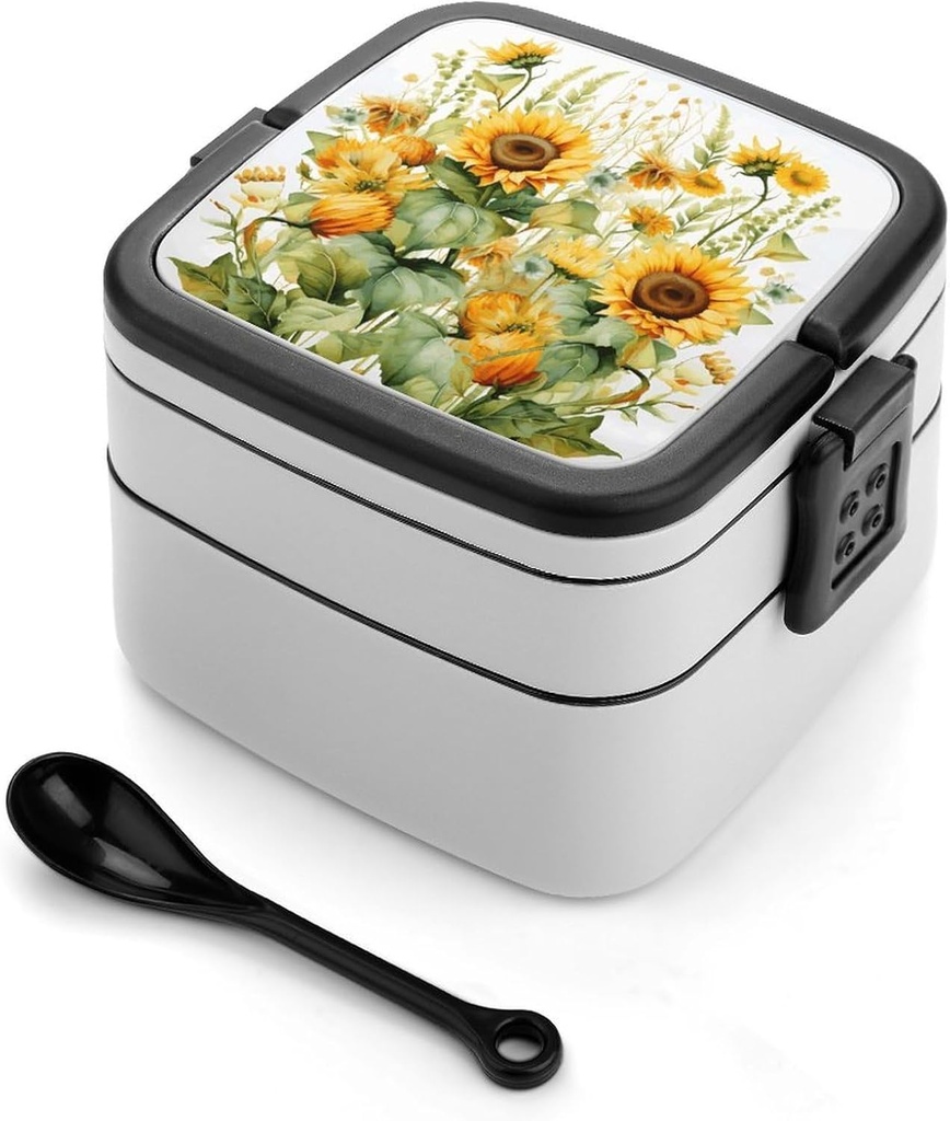 Sunflower And Corn Bento Box with Spoon, 2-layer Stackable Lunch Box Leak Proof with Invisible Handle, Insulated Food Storage for Office, Picnic & Travel