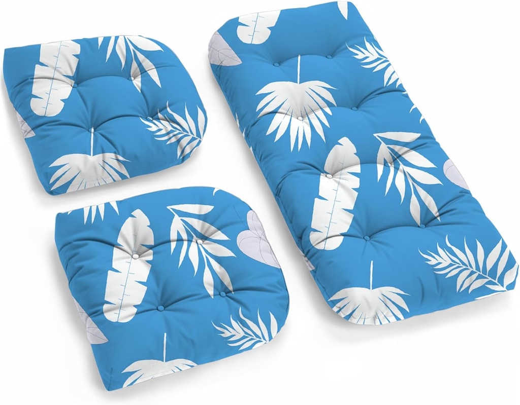 All Weather Wicker Chair Cushions of 3 Pieces, Waterproof Outdoor Wicker Chair Cushion for Patio Furniture Loveseat Settee Bench, 1 Loveseat and 2 U-Shaped Thickened Cushions, Blue Leaf