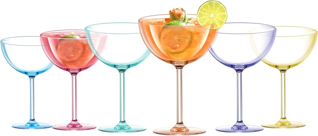 KX-WARE 11 Oz Plastic Cocktail Glasses, Barware Drinking Glasses, Acrylic Martini Glasses, Coupe Glasses Set of 6, Multicolor