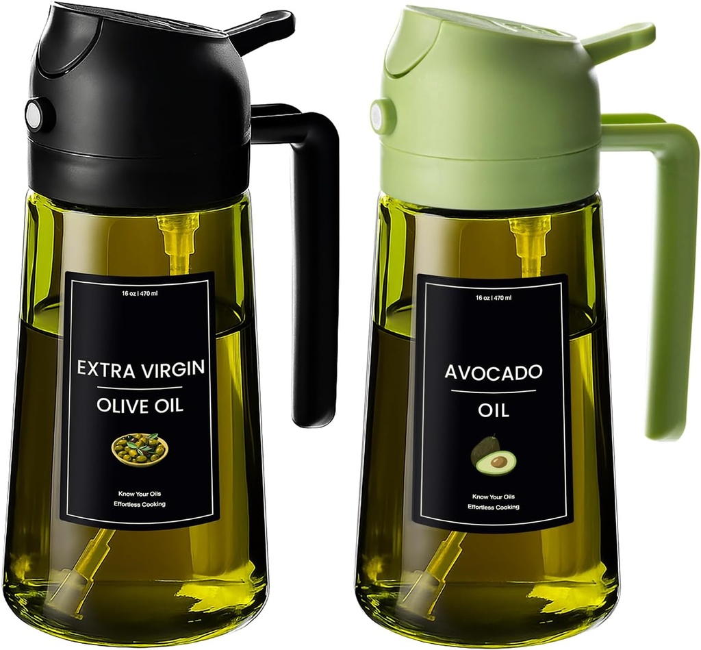 CXINYI - 16oz/470ml Olive Oil Dispenser for Kitchen with Stickers - 2 in 1 Olive Oil Sprayer for Cooking, Air Fryer, and Salad, Black&Green (Light-Proof Kitchen Gadget)